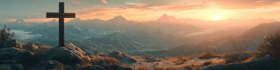 Spiritual Sunset: Symbolic Mountain Cross in Panoramic Landscape