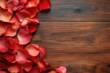 Wall Mural - Romantic Valentine's Day Card with Flower Petals on Wood Table