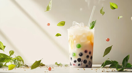 Close-up of a cup of iced bubble tea with colorful pearls at the bottom, surrounded by scattered tea leaves and a straw. --chaos