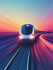 Poster - A sleek train moves seamlessly along curved tracks as vibrant colors from the sunset illuminate the surroundings. Generative AI