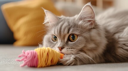 A fluffy grey cat with yellow eyes plays with a colorful yarn toy on a light grey floor.