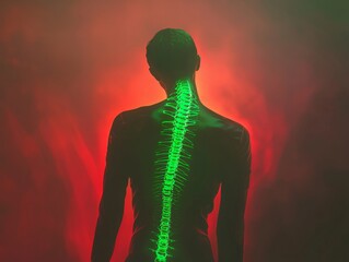 A glowing green spine illuminating the back of a person in a luminogram-style image, their body facing away from the camera. The lower half of the body is a vivid red