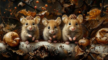 Canvas Print - Three Adorable Mice in the Autumn Forest