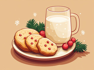 Wall Mural - Christmas cookie plate and glass of milk for Santa in cartoon style isolated on beige background.