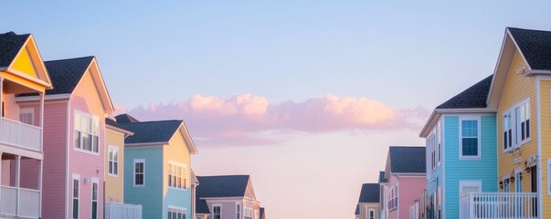 Colorful houses with pink sky and clouds.