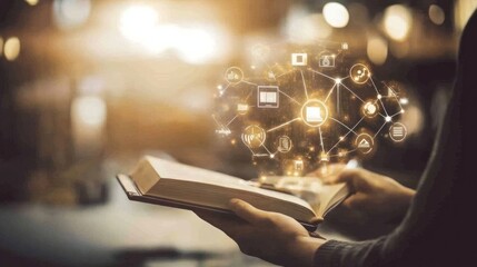 Aufkleber - Person holding open book with glowing technology icons above it.