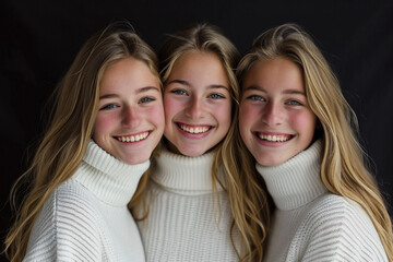 Three overweight girls. Portrait of smiling sisters with obesity