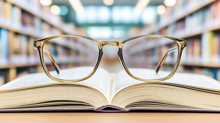 Aufkleber - Open Book with Glasses in Front of Blurred Bookshelves