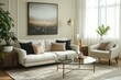 © MG - Interior design of modern living room interior with mock up poster frame, modern sofa, wooden sideboard, glass coffee table, rug, wall with stucco and, Generative AI