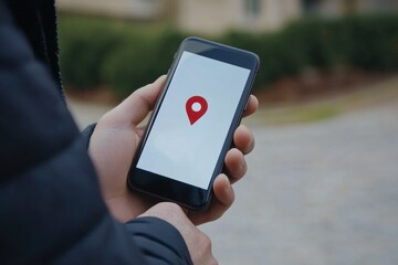 Poster - A male hand operates a mobile phone with a clear location pin depicted on the screen while outdoors in a green park. Generative AI