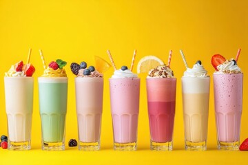 Poster - A vibrant selection of tall glasses filled with milkshakes and drinks, adorned with fresh fruits, set against a bright yellow background. Generative AI