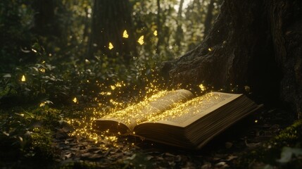 Poster - Open Book in a Forest with Golden Dust and Butterflies
