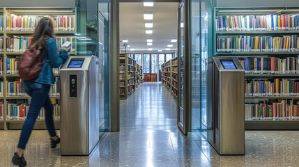 Electronic turnstile at a library entrance, with a student scanning a card for access. Bookshelves and reading area visible in the background. --chaos