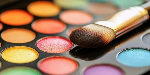 A makeup brush is on top of a palette of eyeshadow