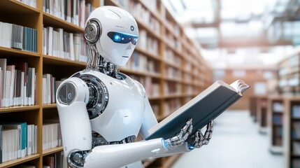 Poster - A humanoid robot reading a book in a library