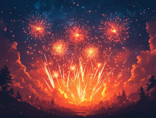 Wall Mural - A cartoon style illustration of fireworks bursting in the night sky.