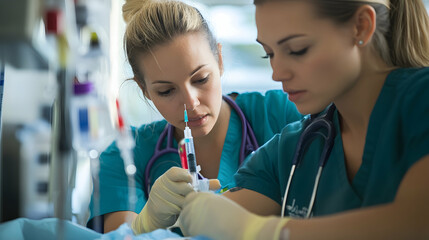 Two female nurses preparing a syringe for an IV drip, focused on patient care. -