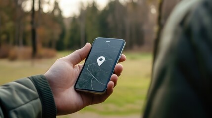 Poster - A person uses a smartphone in a park, showing a location pin on the screen while enjoying the outdoors. Generative AI