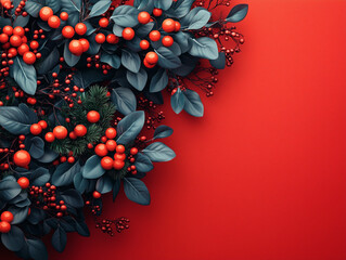 Wall Mural - A realistic style poster or banner for holiday advertising, graphics, sale decorated with wreaths or holly and redberries, modern layout with a solid red background.