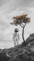 Wall Mural - lonely astronaut in the natural world. exploration concept with spaceman and tree