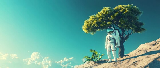 Wall Mural - lonely astronaut in the natural world. exploration concept with spaceman and tree