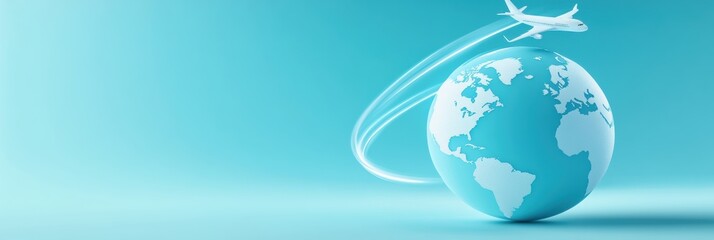 Leinwandbilder - A globe showcases continents and oceans, with a plane elegantly tracing a flight path, symbolizing global exploration and travel. Generative AI