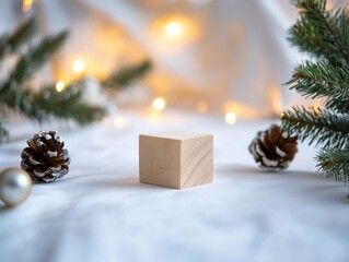 A wooden block sitting on top of a table next to a christmas tree