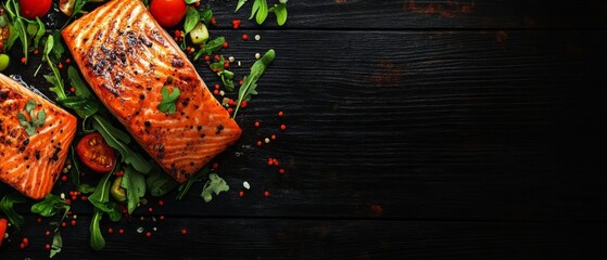 Salmon steak with vegetables on black wood background