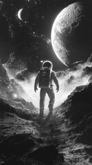 Wall Mural - space exploration scene with astronaut on lunar landscape