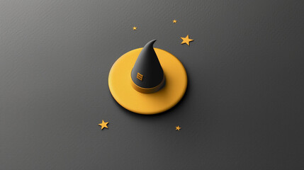 A black witch hat sits atop a round yellow base, accompanied by three scattered stars on a textured dark background. The design features a clean, minimalist style and warm tones.