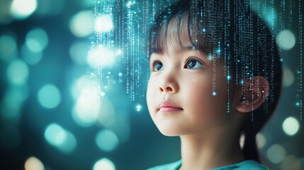 Poster - Young girl observing digital code, technology and learning.