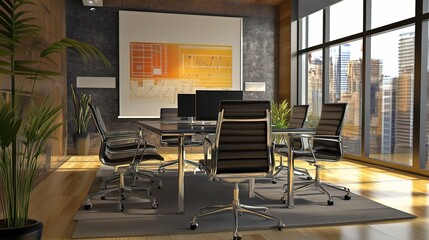 Canvas Print - Modern Meeting Room with City View and Artwork