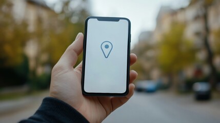 Poster - A man is holding a mobile phone that shows a location pin, indicating navigation on a street lined with trees in autumn. Generative AI