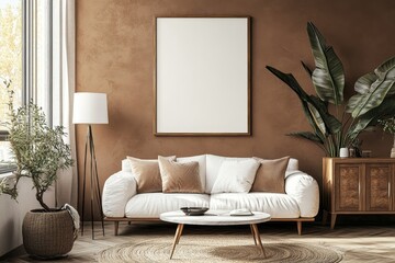 Creative composition of aesthetic living room interior with mock up poster frame, boucle sofa, wooden sideboard, coffee table, marble lamp, brown wall, Generative AI