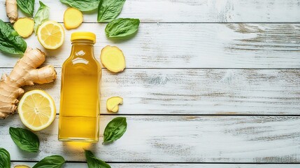 Poster - Fresh Ginger Lemon Juice with Basil on Wooden Table