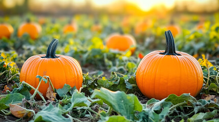 Poster - Pumpkin patch over autumn background. fresh orange pumpkins on a farm field. Rural landscape with sunset. Copy space, Halloween or Thanksgiving mock up for design and product display