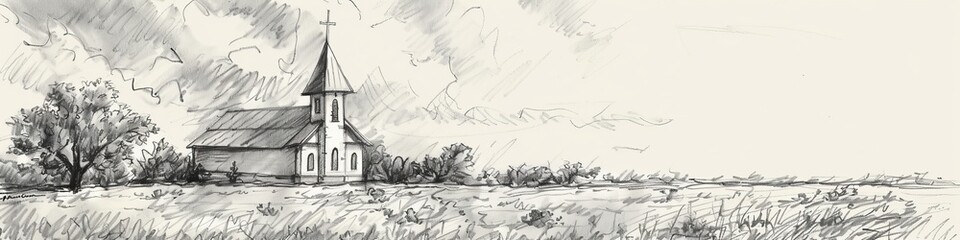 church in the field pencil illustration.