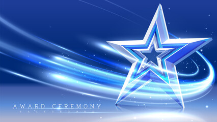 Wall Mural - 3d crystal stars with blue light curves on dark background, futuristic luxury awards ceremony backdr