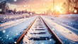 © Suphawan - Railway track covered in snow, with frost glistening on the metal rails and the surrounding landscape blanketed in white for a wintery scene --chaos