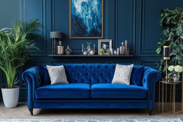 Creative compositon of modern living room interior design with glamour blue sofa, metal shelf, coffee table and elegant home accessories. Dark blue wall. Home staging. Template. Copy, Generative AI