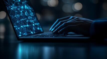 Poster - Hands Typing on Laptop with Abstract Network on Screen