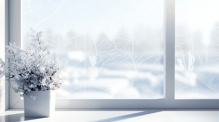 A frosted window with a plant in a white pot in front of it.