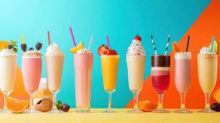 Poster - A vibrant display of various drinks and milkshakes in tall glasses, showcasing bright colors and appealing garnishes on a sunny day. Generative AI