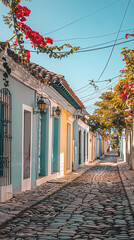 Sticker - Colonial Architecture in South American City with Cobbled Streets  