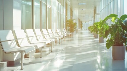 Wall Mural - Modern Hospital Corridor with Natural Light and Plants