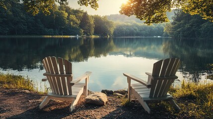 Canvas Print - Serene Lakeside Chairs at Sunset View