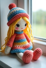 Wall Mural - Handmade crochet doll with intricate detailing, wearing a colorful dress and hat, carefully stitched with soft yarn, sitting on a windowsill