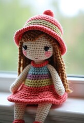 Wall Mural - Handmade crochet doll with intricate detailing, wearing a colorful dress and hat, carefully stitched with soft yarn, sitting on a windowsill