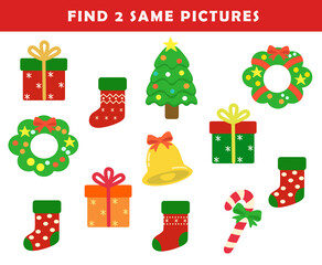 Christmas activity sheet. Find 2 same pictures. Puzzle game for children. Preschool worksheet activity for kids. Educational game with cute Christmas illustration.