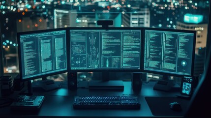 Fototapete - Nighttime Computer Setup with Green Code on Multiple Monitors